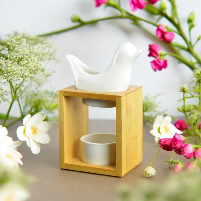 Parfümbrenner Serie Naturea – White Birdy – Kerzenhalter aus Bambus und Keramik – Diffusion von Duftwachs, ätherischen Ölen – Geschenkidee - Zen'Arôme