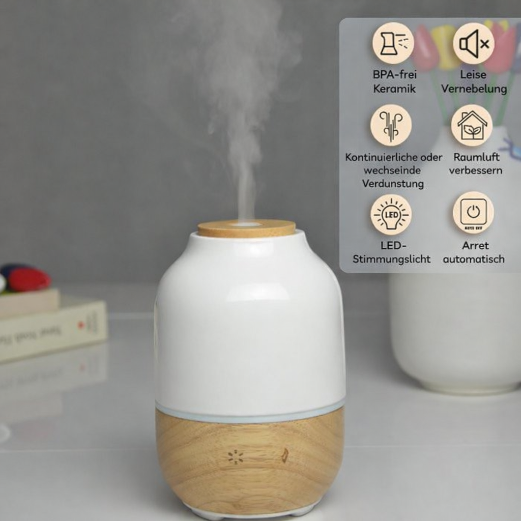 Ultraschalldiffusor – Purisia – Holz- und Keramikdesign – Diffusion ätherischer Öle – anpassbare Beleuchtung – dekorative Idee - Zen'Arôme