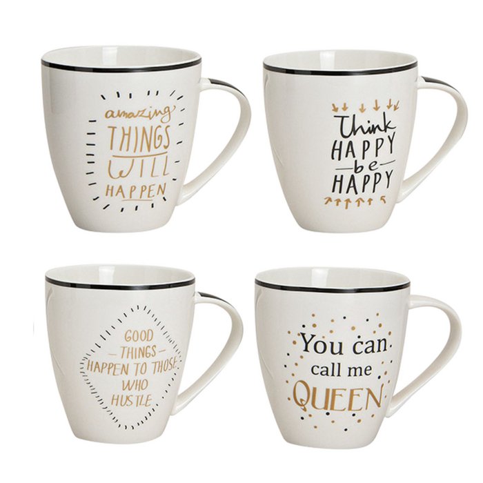 Jumbobecher Sprüche aus Porzellan, 4 verschiedene Motive, 11 cm, 400 ml