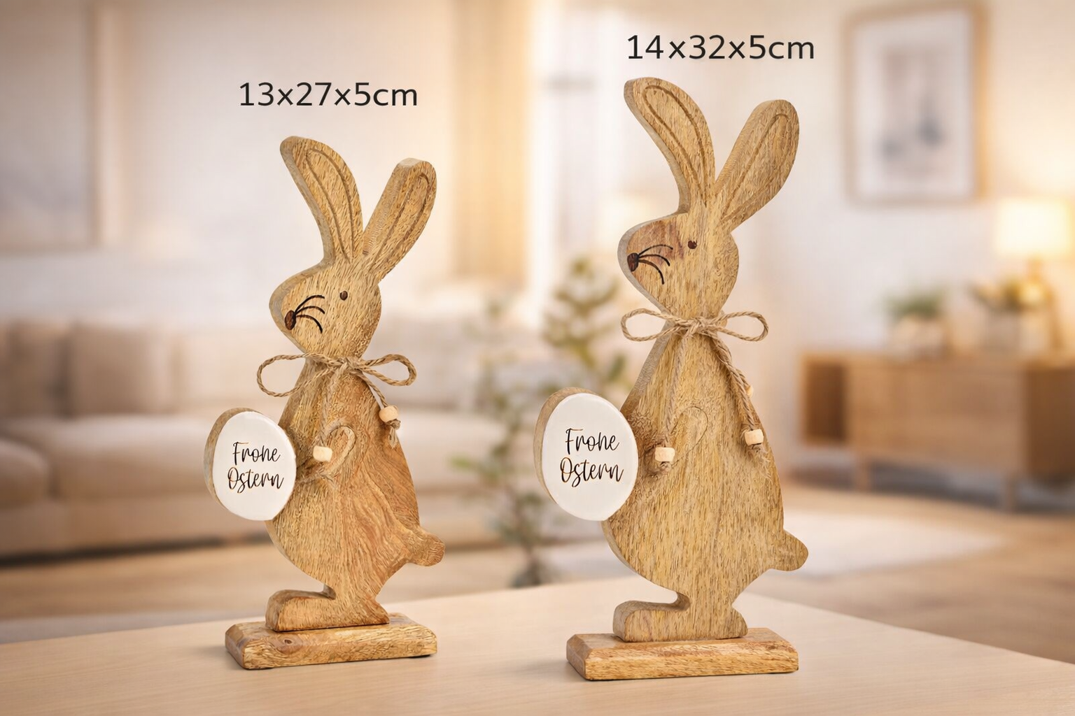 Aufsteller Hase mit Osterei "Frohe Ostern" aus Mangoholz, Braun/Weiß (B/H/T) 13x27x5cm oder 14x32x5cm