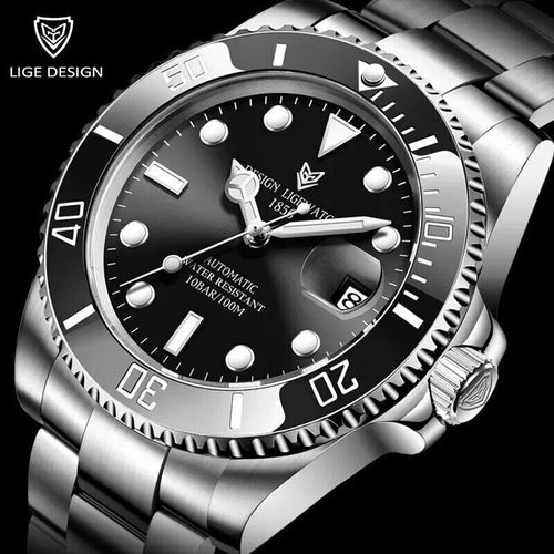 LIGE Design – Luxus Automatik Uhr 40mm Edelstahl Saphirglas Keramiklünette 100m Wasserdicht – Neu OVP