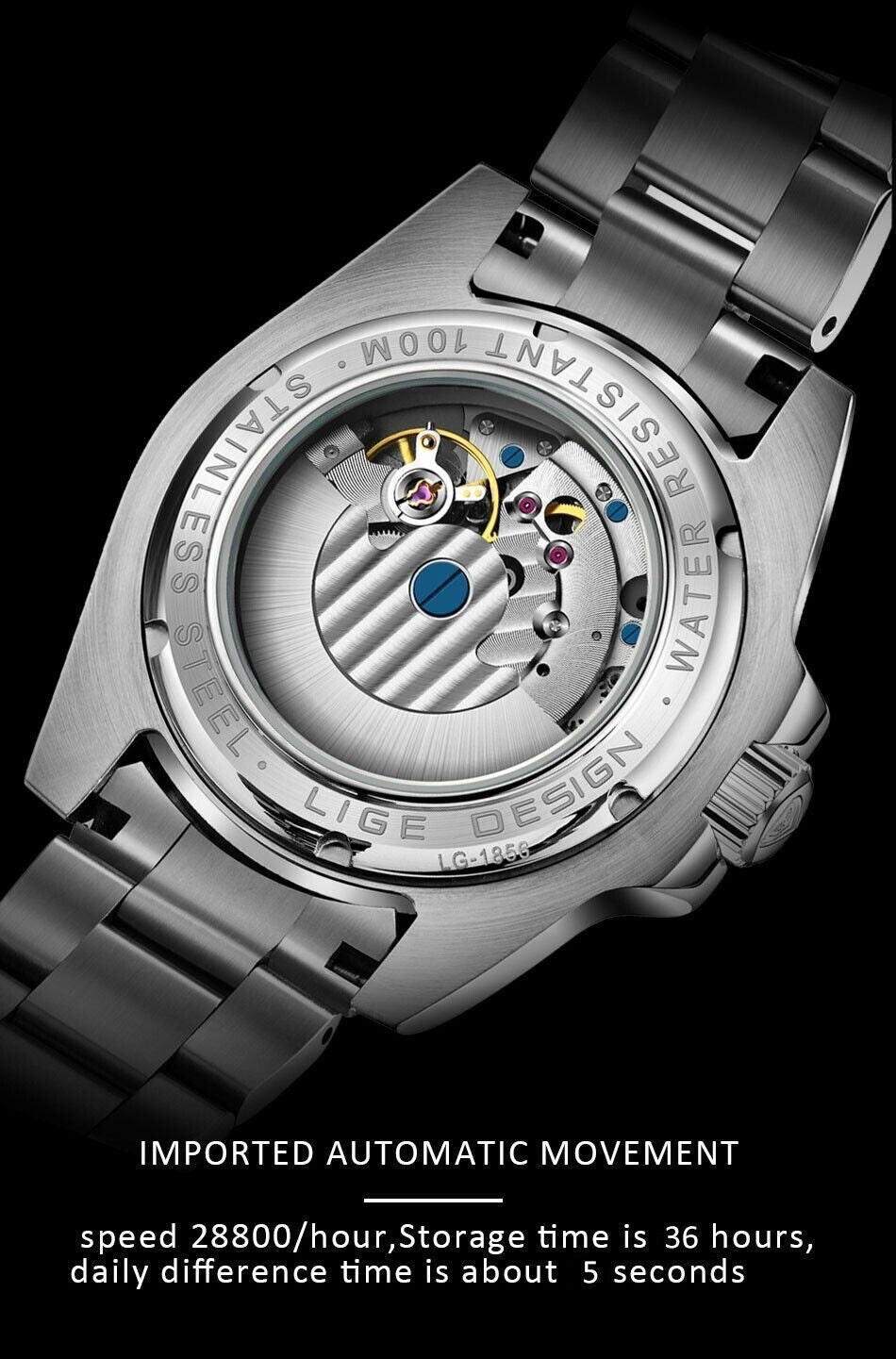 LIGE Design – Luxus Automatik Uhr 40mm Edelstahl Saphirglas Keramiklünette 100m Wasserdicht – Neu OVP