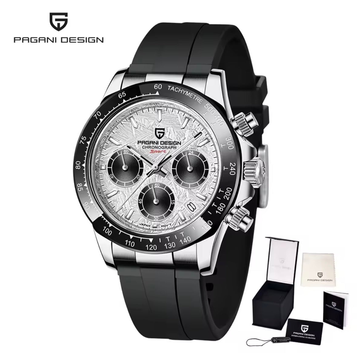 Pagani Design PD-1644 – Luxus Quarz Uhr 40mm Chronograph Silikon Meteorite Edelstahl Saphirglas Keramiklünette 100m Wasserdicht – Neu OVP