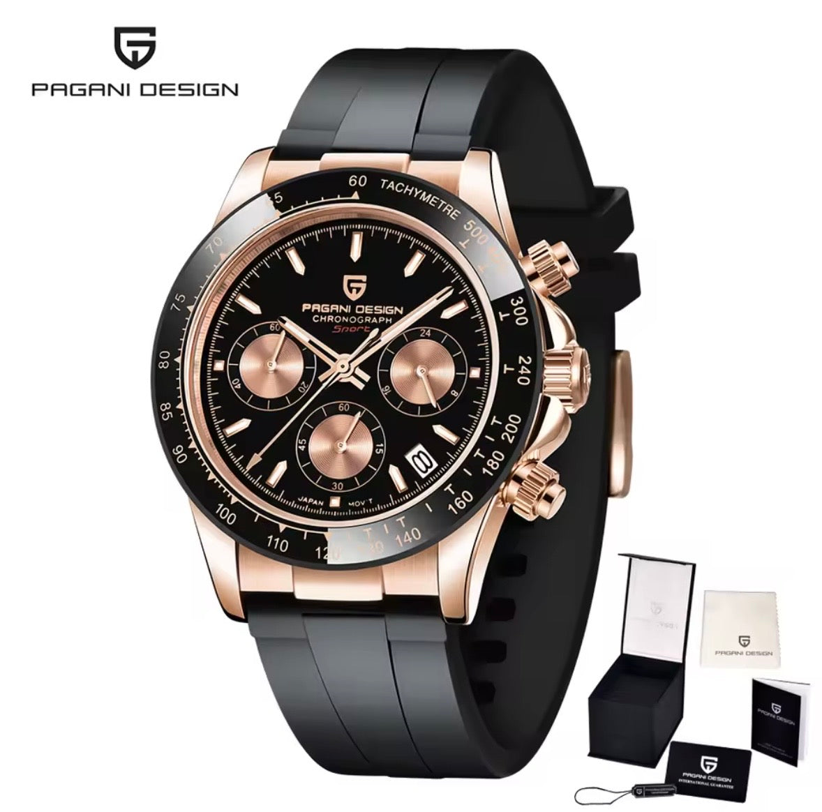 Pagani Design PD-1644 – Luxus Quarz Uhr 40mm Chronograph Silikon Edelstahl Saphirglas Keramiklünette 100m Wasserdicht – Neu OVP