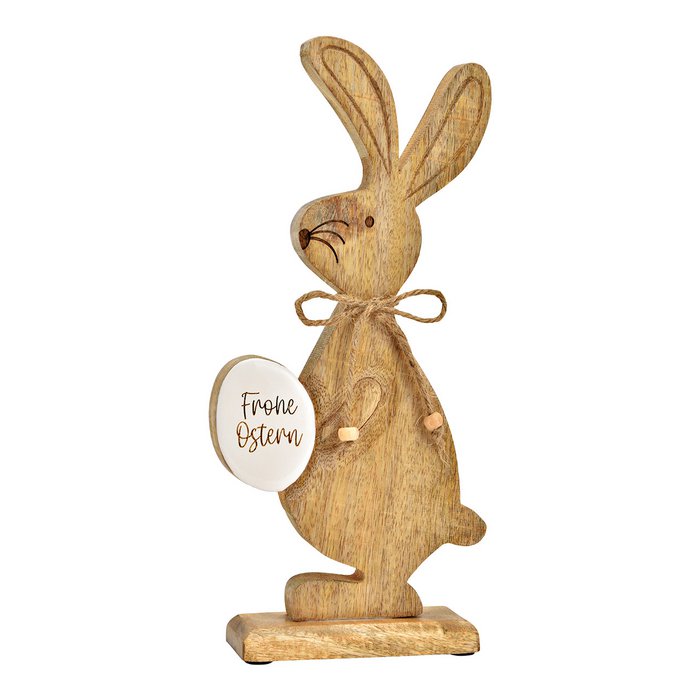 Aufsteller Hase mit Osterei "Frohe Ostern" aus Mangoholz, Braun/Weiß (B/H/T) 13x27x5cm oder 14x32x5cm