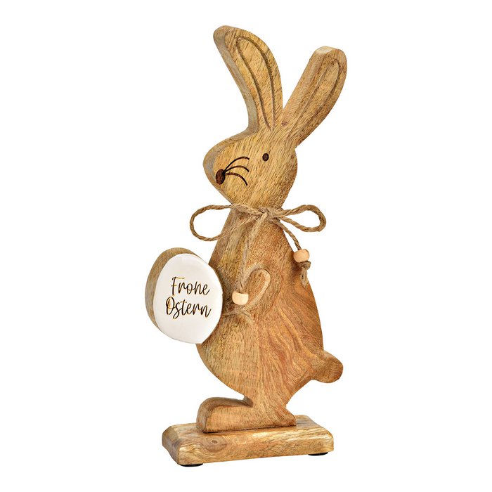 Aufsteller Hase mit Osterei "Frohe Ostern" aus Mangoholz, Braun/Weiß (B/H/T) 13x27x5cm oder 14x32x5cm